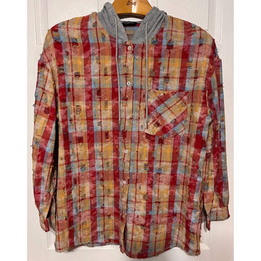 ChicMe Womens XL Distressed Plaid Hoodie Red Yellow Blue Button Down Shirt Edgy‎